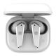 Close-up side view of white Noise Buds R1 showing the premium chrome finish strip and inner speaker mesh.