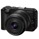 Front view of the Canon EOS R50 V mirrorless camera with the RF-S 14-30mm f/4-6.3 IS STM PZ power zoom lens attached, showing its compact vlogging-friendly design.