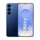 Samsung Galaxy S25 Plus in blue color showing front display with centered punch-hole camera and rear triple camera setup with sleek flat-edge design